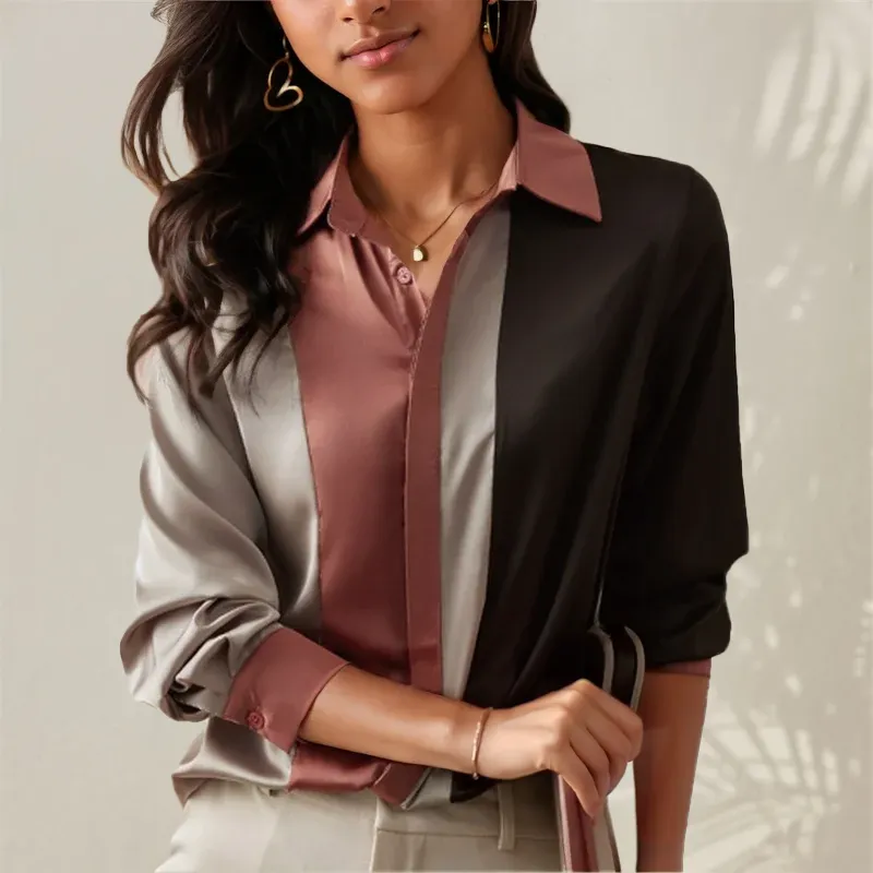 Chic Multicolored Satin Long Sleeve Blouse for Ladies