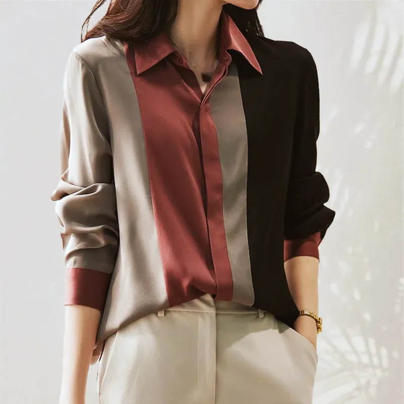 Chic Multicolored Satin Long Sleeve Blouse for Ladies