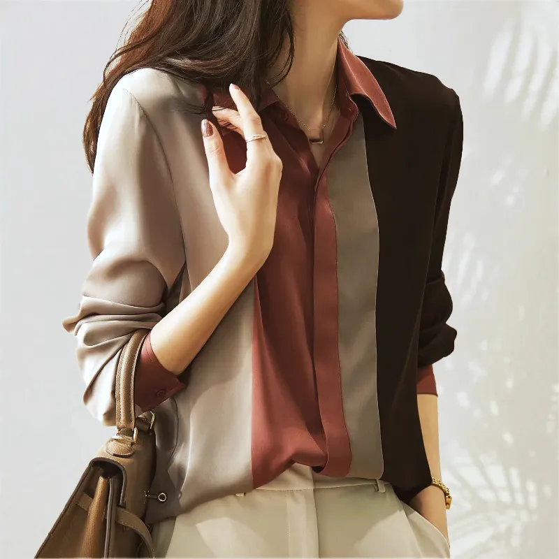 Chic Multicolored Satin Long Sleeve Blouse for Ladies