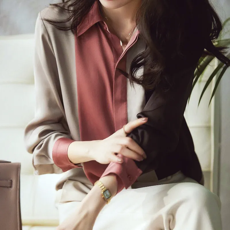 Chic Multicolored Satin Long Sleeve Blouse for Ladies