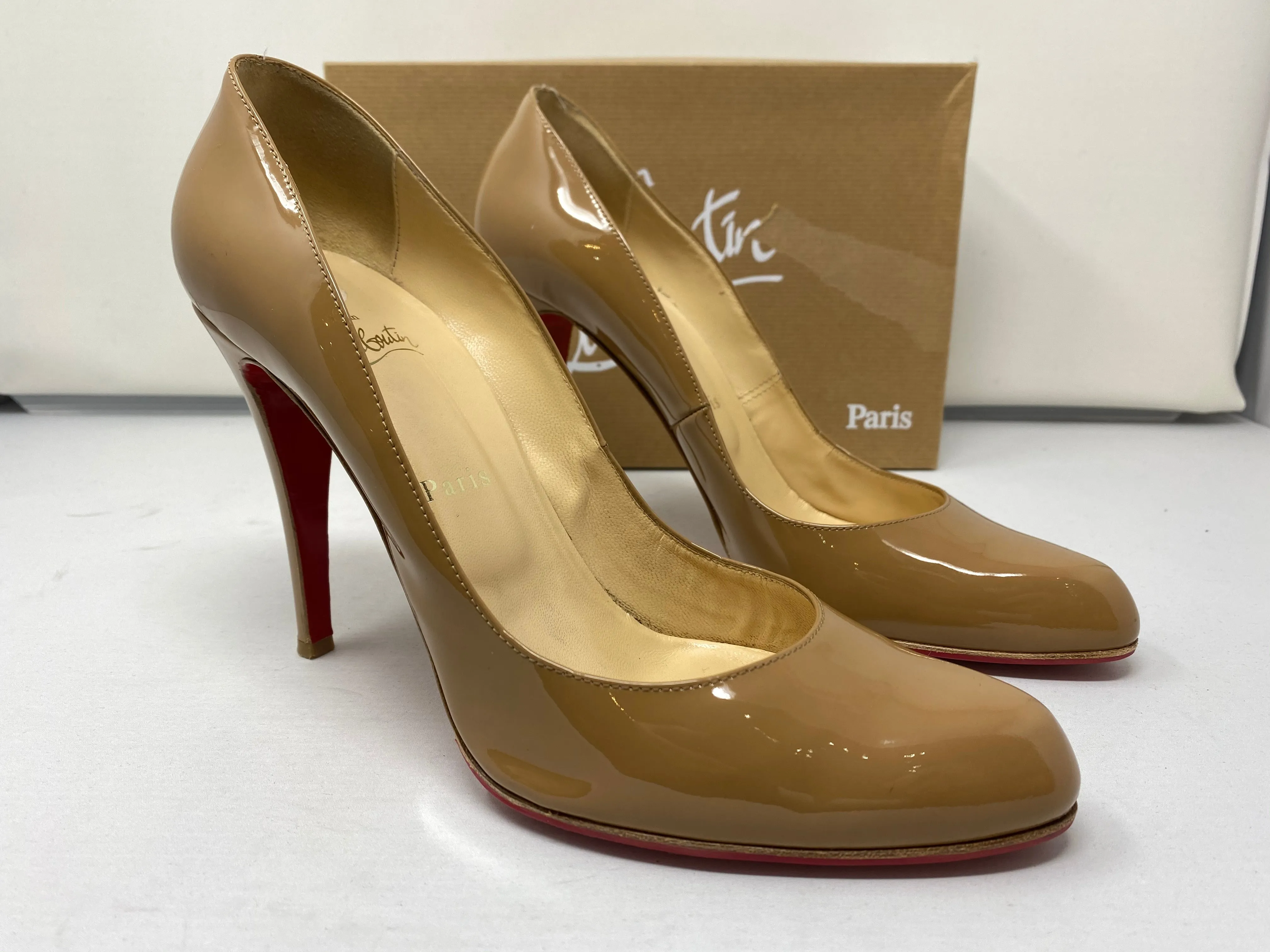 Christian Louboutin Decollette Patent Leather Camel Pump