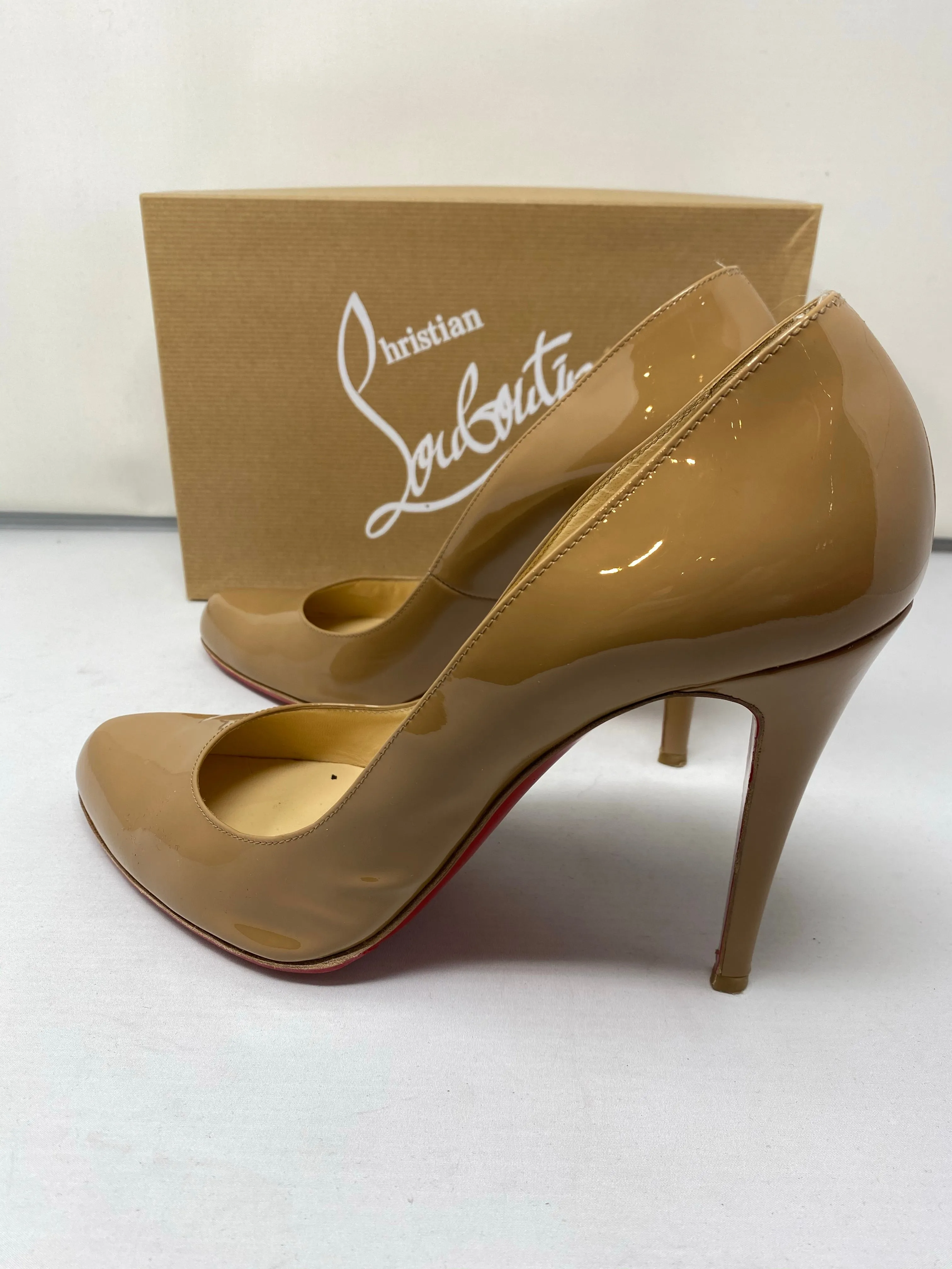 Christian Louboutin Decollette Patent Leather Camel Pump