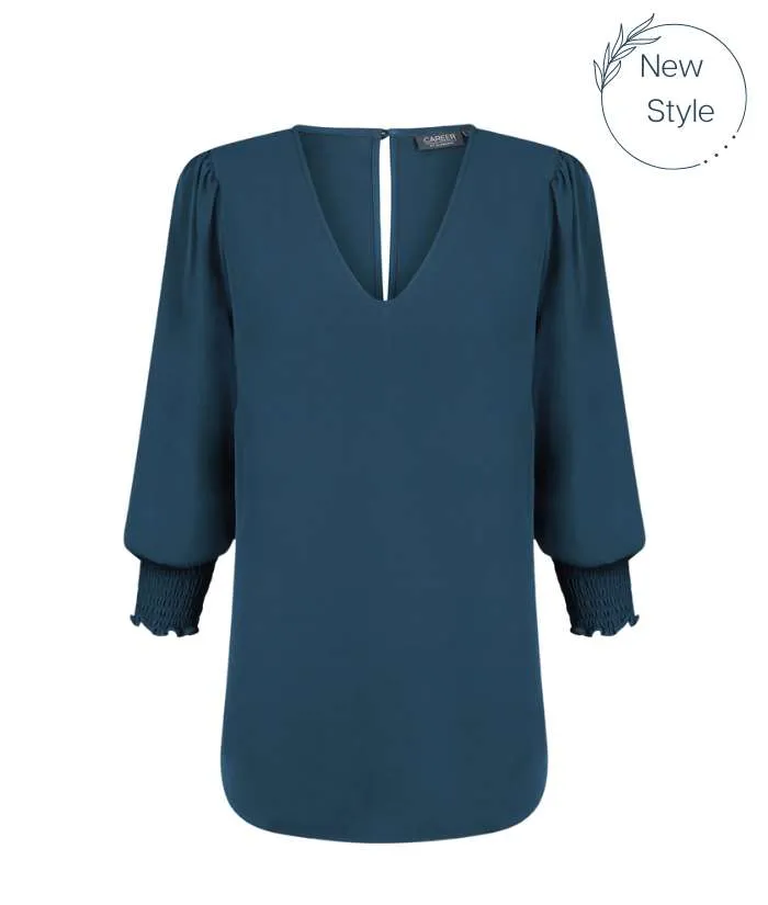 Cleo V-Neck Shirred Cuff Top