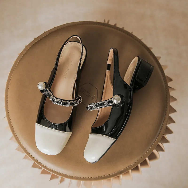 Contrast Round Toe Block Heel Mary Jane Shoes