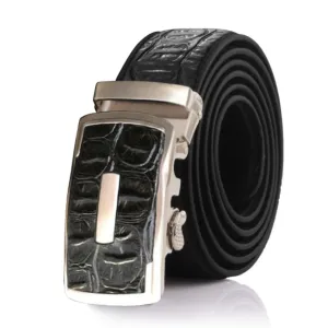 Crocodile Mens Adjustable Ratchet Slide Buckle Belt - Genuine Leather Automatic Belt with No Holes