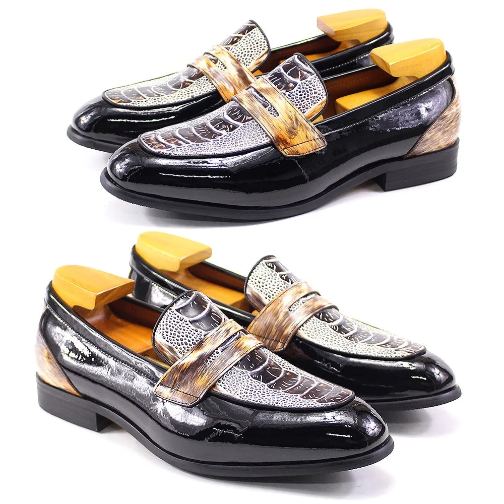 Crocodile Pattern Patent Leather Slip-On Loafers