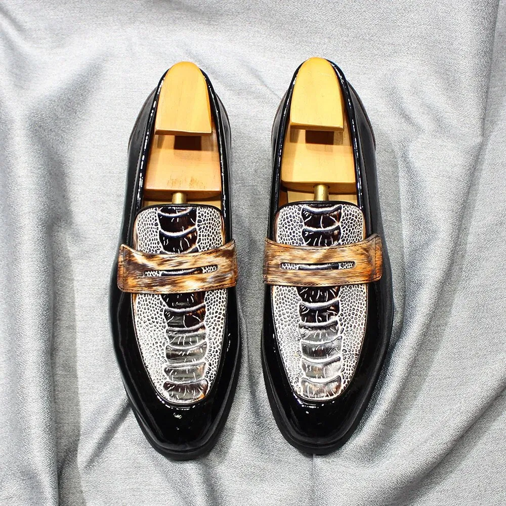 Crocodile Pattern Patent Leather Slip-On Loafers