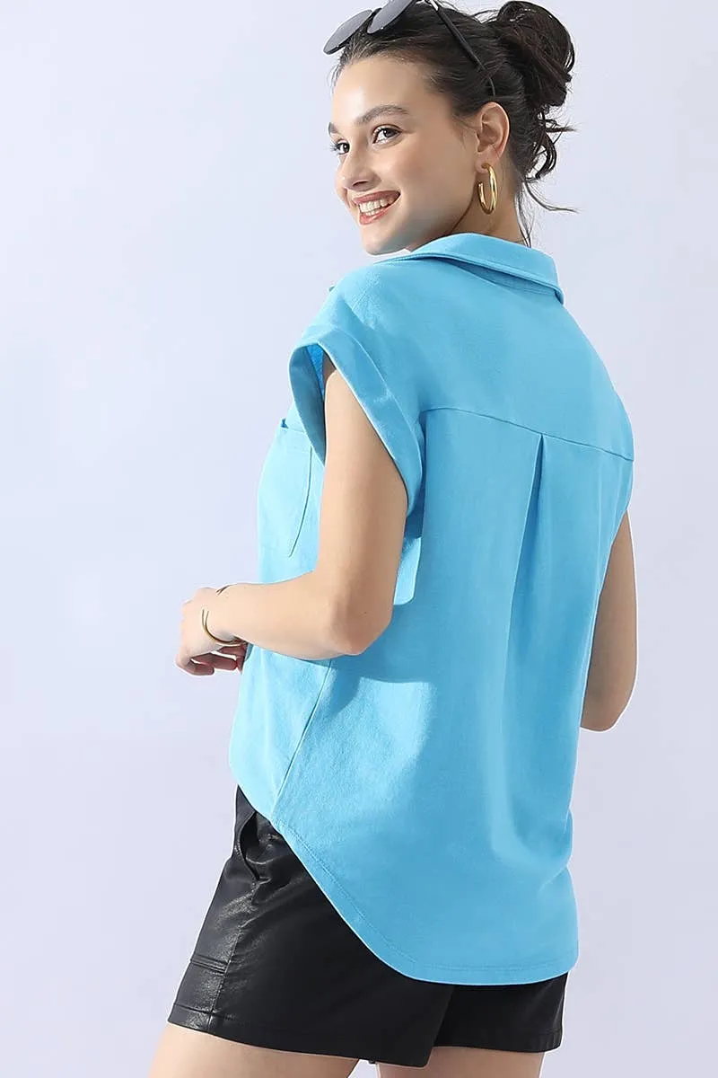 CWTTS698_JOHNNY COLLARS BUTTON CLOSER SHORT SLEEVE TOP: AQUA / (S) 1
