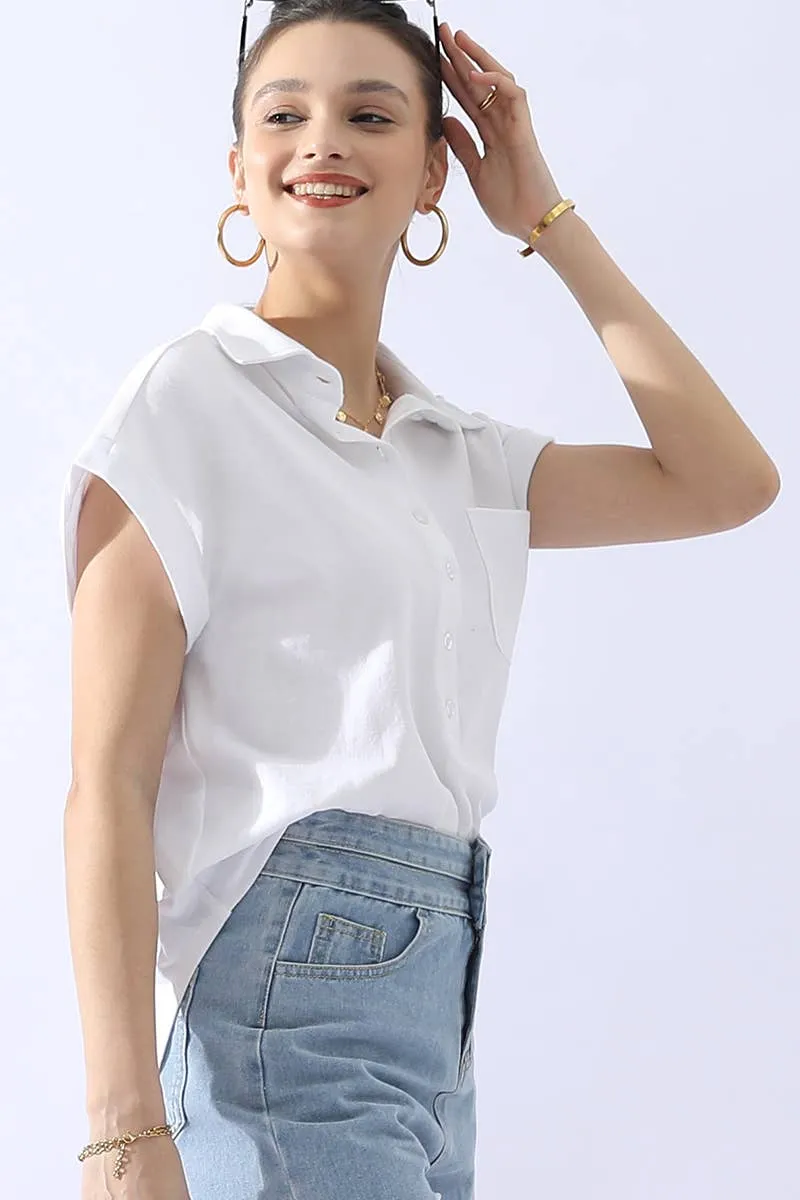 CWTTS698_JOHNNY COLLARS BUTTON CLOSER SHORT SLEEVE TOP: AQUA / (S) 1