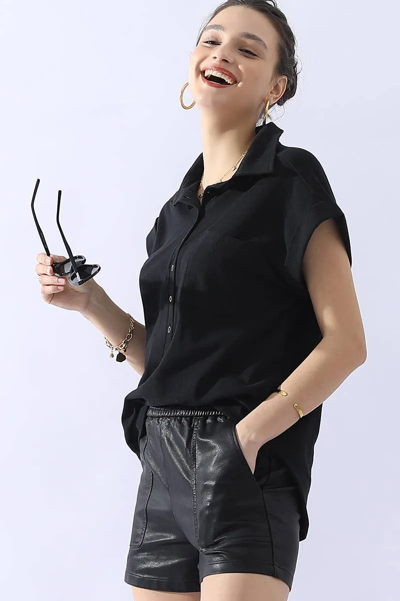 CWTTS698_JOHNNY COLLARS BUTTON CLOSER SHORT SLEEVE TOP: AQUA / (S) 1