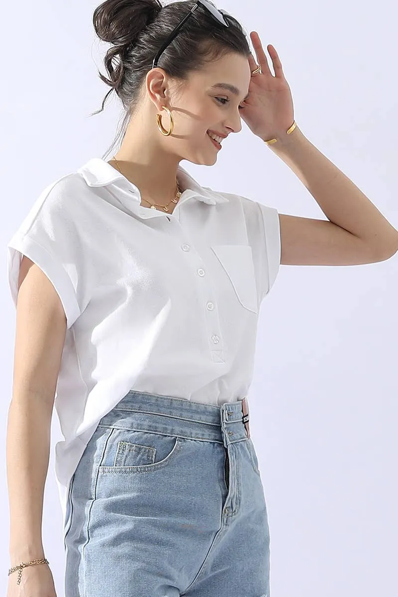CWTTS698_JOHNNY COLLARS BUTTON CLOSER SHORT SLEEVE TOP: AQUA / (S) 1