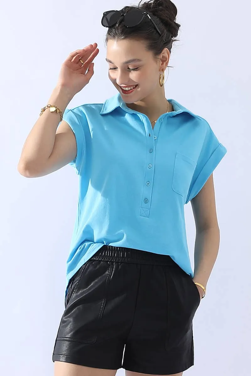 CWTTS698_JOHNNY COLLARS BUTTON CLOSER SHORT SLEEVE TOP: AQUA / (S) 1