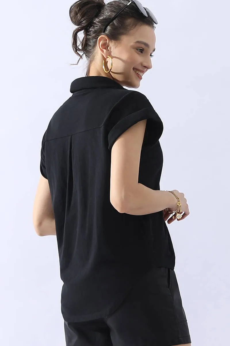 CWTTS698_JOHNNY COLLARS BUTTON CLOSER SHORT SLEEVE TOP: AQUA / (S) 1