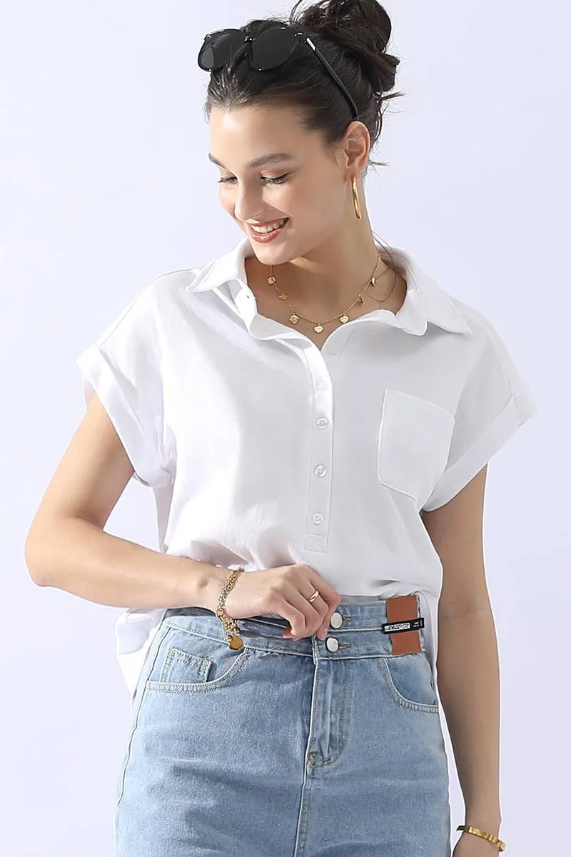 CWTTS698_JOHNNY COLLARS BUTTON CLOSER SHORT SLEEVE TOP: AQUA / (S) 1