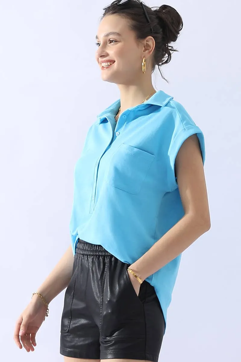 CWTTS698_JOHNNY COLLARS BUTTON CLOSER SHORT SLEEVE TOP: AQUA / (S) 1