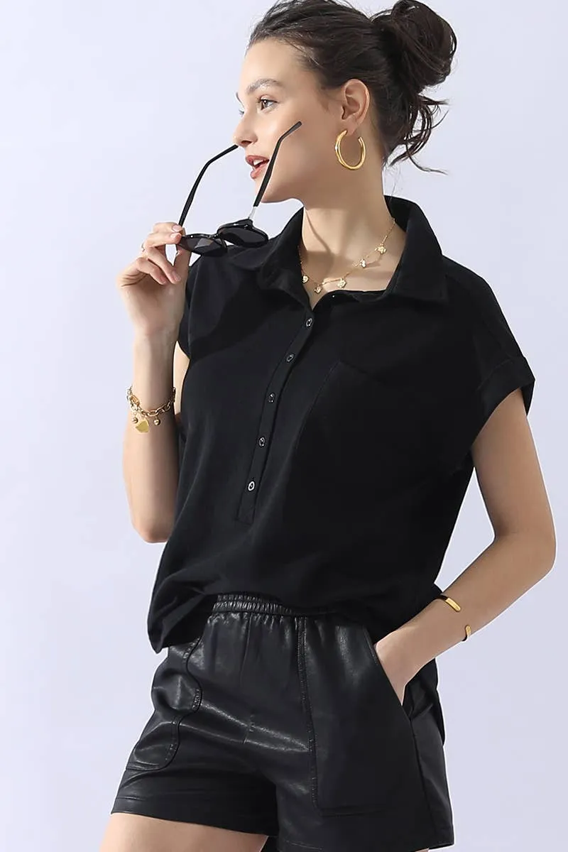 CWTTS698_JOHNNY COLLARS BUTTON CLOSER SHORT SLEEVE TOP: AQUA / (S) 1