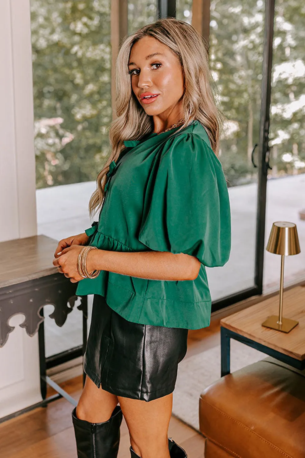 Dark Green Puff Sleeve Bowknot Front Peplum Blouse