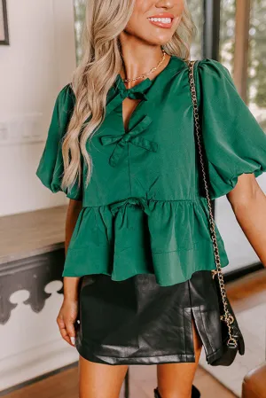 Dark Green Puff Sleeve Bowknot Front Peplum Blouse