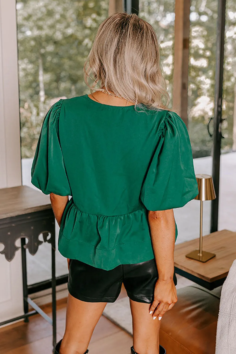 Dark Green Puff Sleeve Bowknot Front Peplum Blouse
