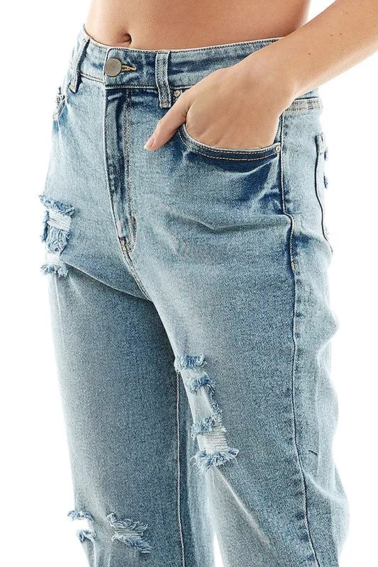Distressed High Rise Cropped Mom Stretch Jean Pants