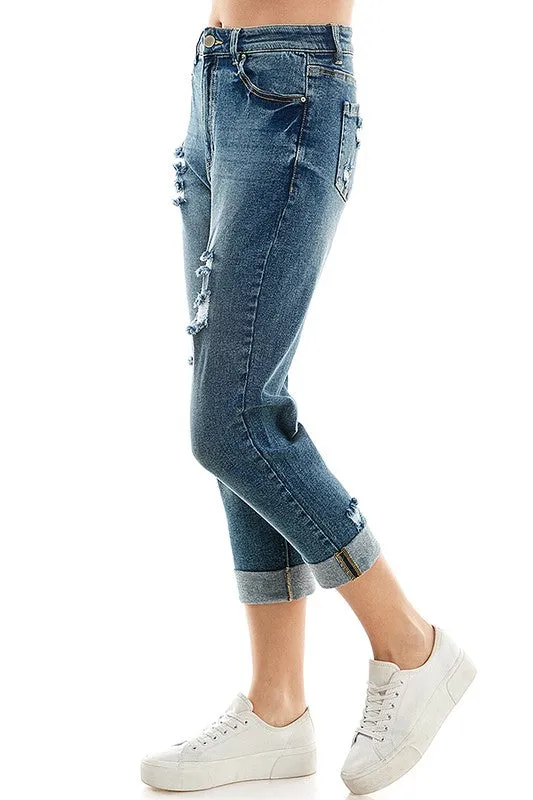 Distressed High Rise Cropped Mom Stretch Jean Pants