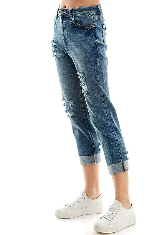 Distressed High Rise Cropped Mom Stretch Jean Pants