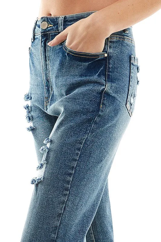 Distressed High Rise Cropped Mom Stretch Jean Pants