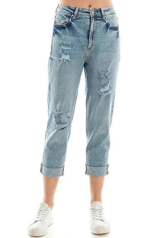 Distressed High Rise Cropped Mom Stretch Jean Pants