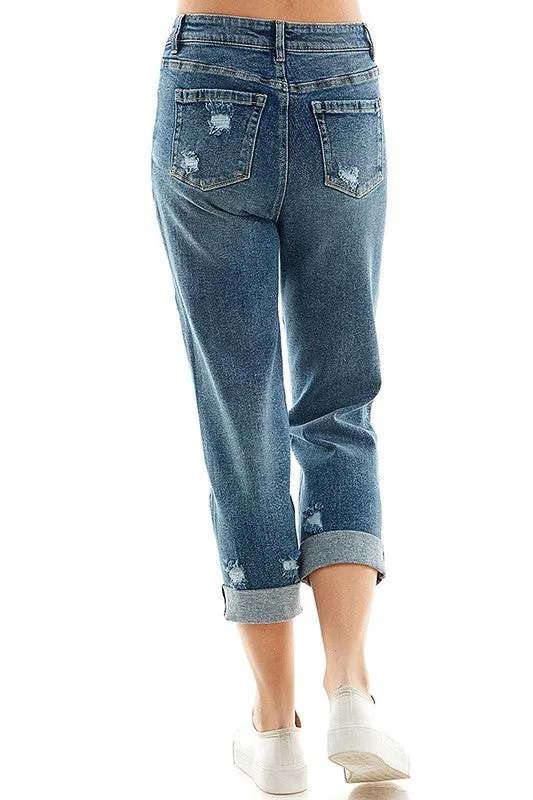 Distressed High Rise Cropped Mom Stretch Jean Pants