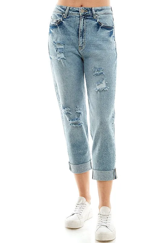 Distressed High Rise Cropped Mom Stretch Jean Pants