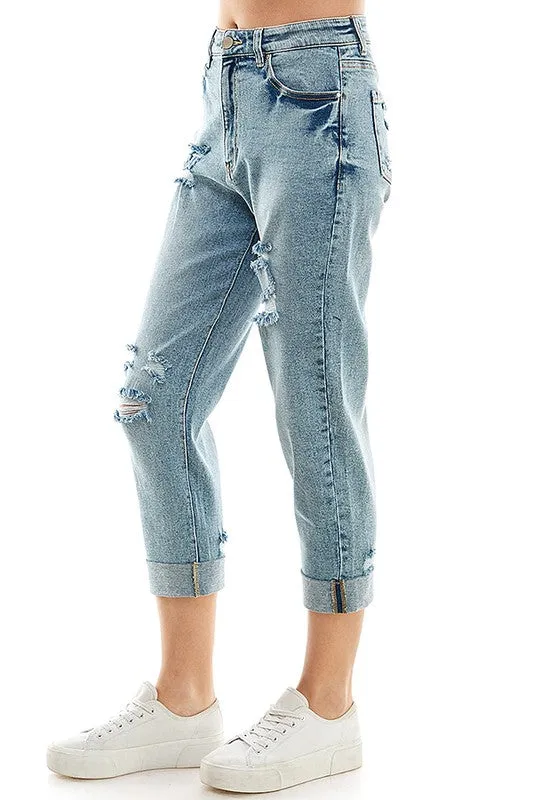 Distressed High Rise Cropped Mom Stretch Jean Pants