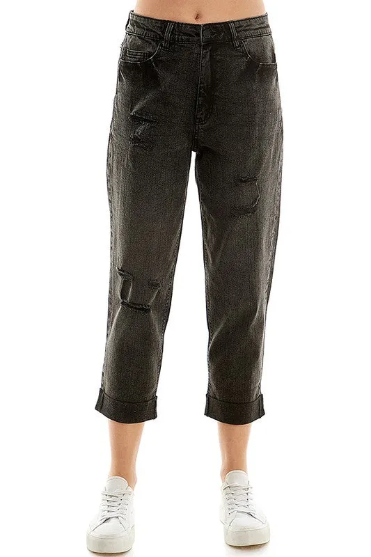 Distressed High Rise Cropped Mom Stretch Jean Pants