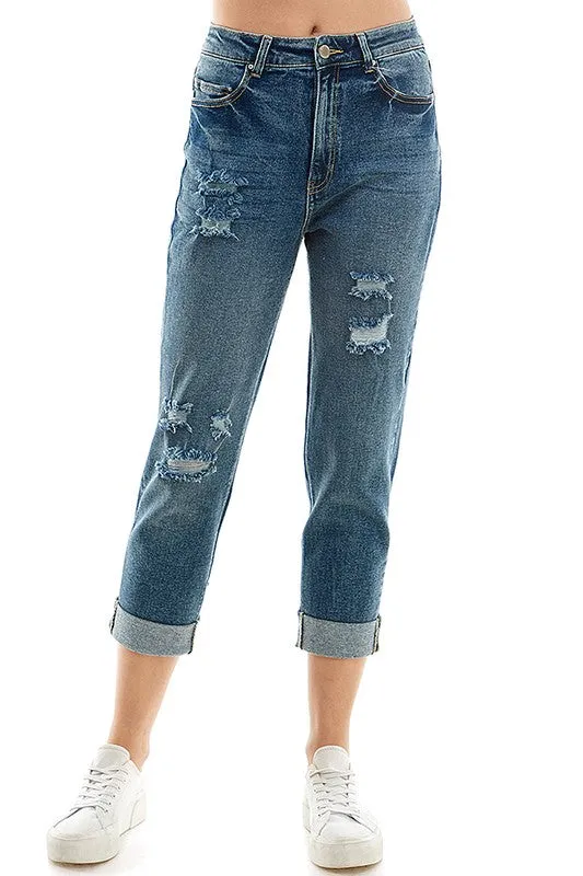Distressed High Rise Cropped Mom Stretch Jean Pants