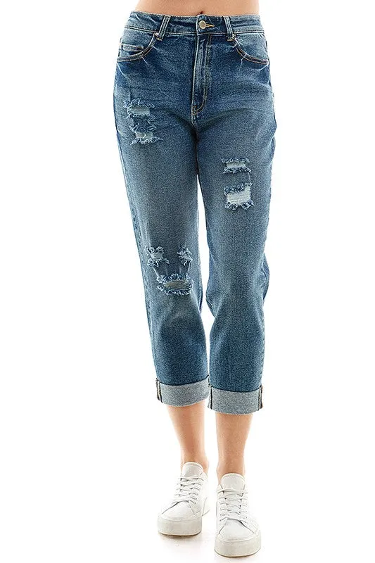 Distressed High Rise Cropped Mom Stretch Jean Pants