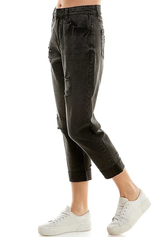 Distressed High Rise Cropped Mom Stretch Jean Pants