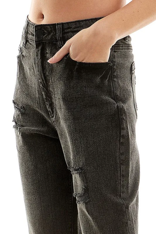 Distressed High Rise Cropped Mom Stretch Jean Pants