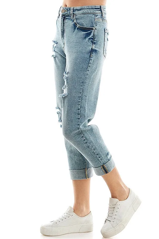 Distressed High Rise Cropped Mom Stretch Jean Pants