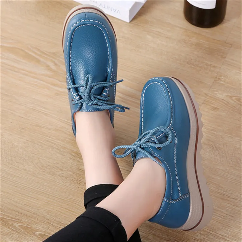 Fashion Lace Up Breathable Women Leather Loafers