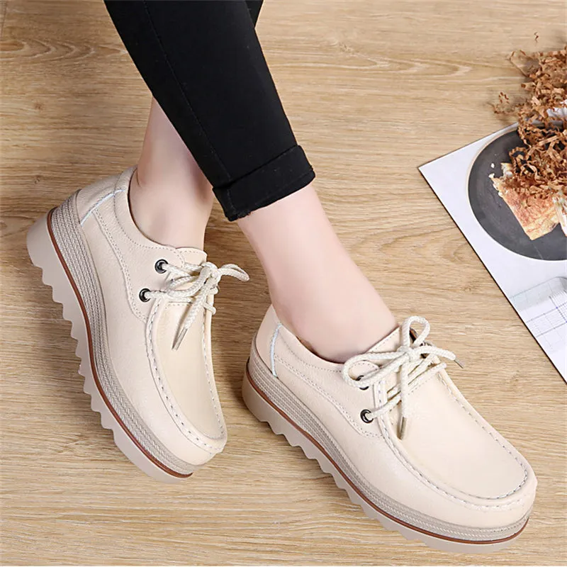 Fashion Lace Up Breathable Women Leather Loafers