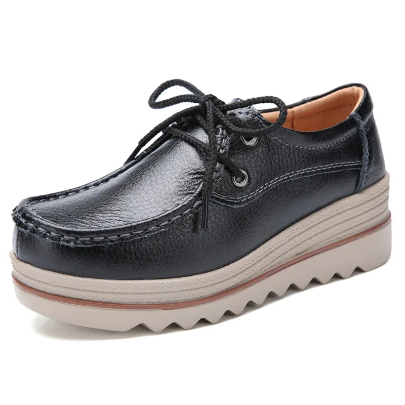 Fashion Lace Up Breathable Women Leather Loafers