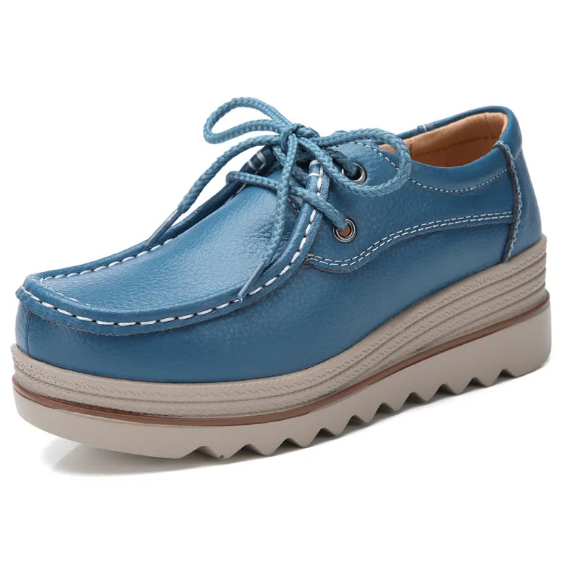 Fashion Lace Up Breathable Women Leather Loafers