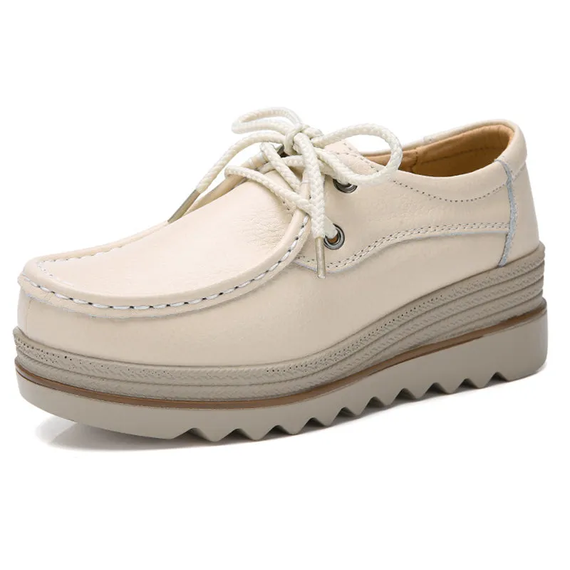 Fashion Lace Up Breathable Women Leather Loafers