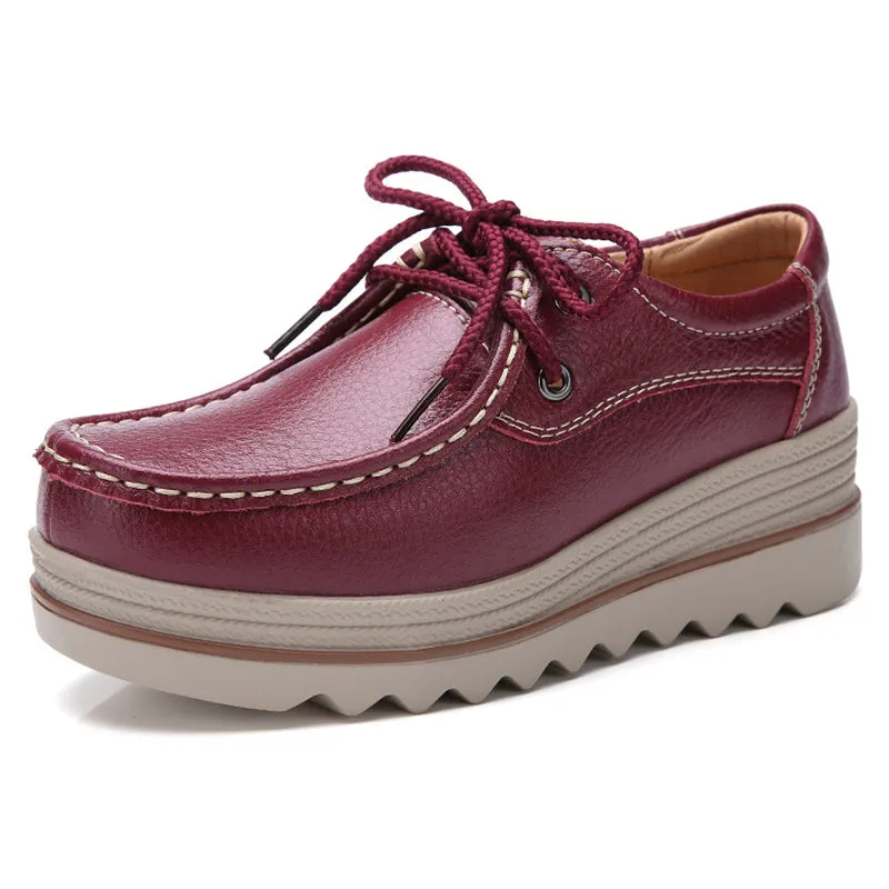 Fashion Lace Up Breathable Women Leather Loafers
