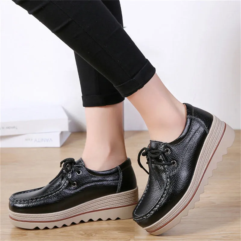 Fashion Lace Up Breathable Women Leather Loafers