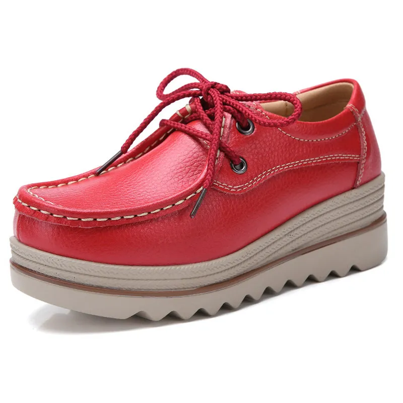 Fashion Lace Up Breathable Women Leather Loafers