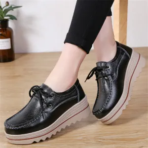 Fashion Lace Up Breathable Women Leather Loafers