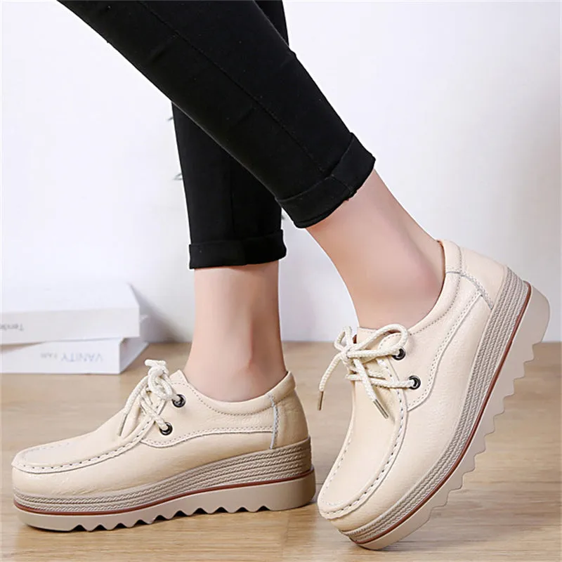 Fashion Lace Up Breathable Women Leather Loafers