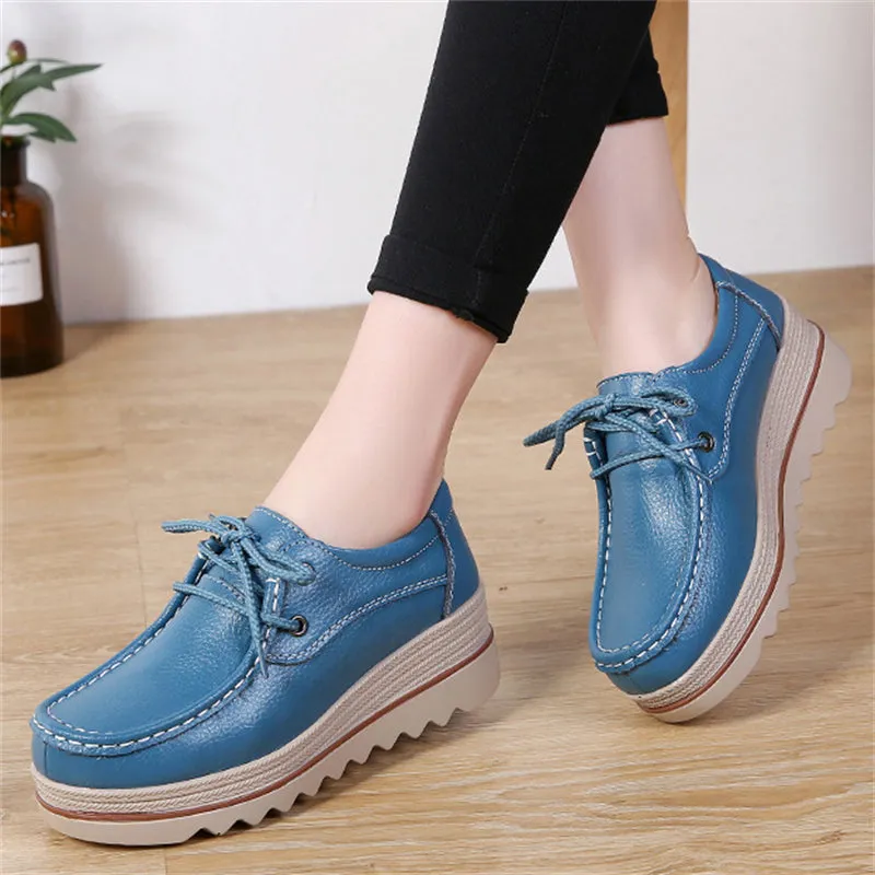 Fashion Lace Up Breathable Women Leather Loafers