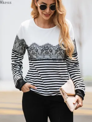 Fashion Striped Lace Long Sleeve Blouse Sweatshirt