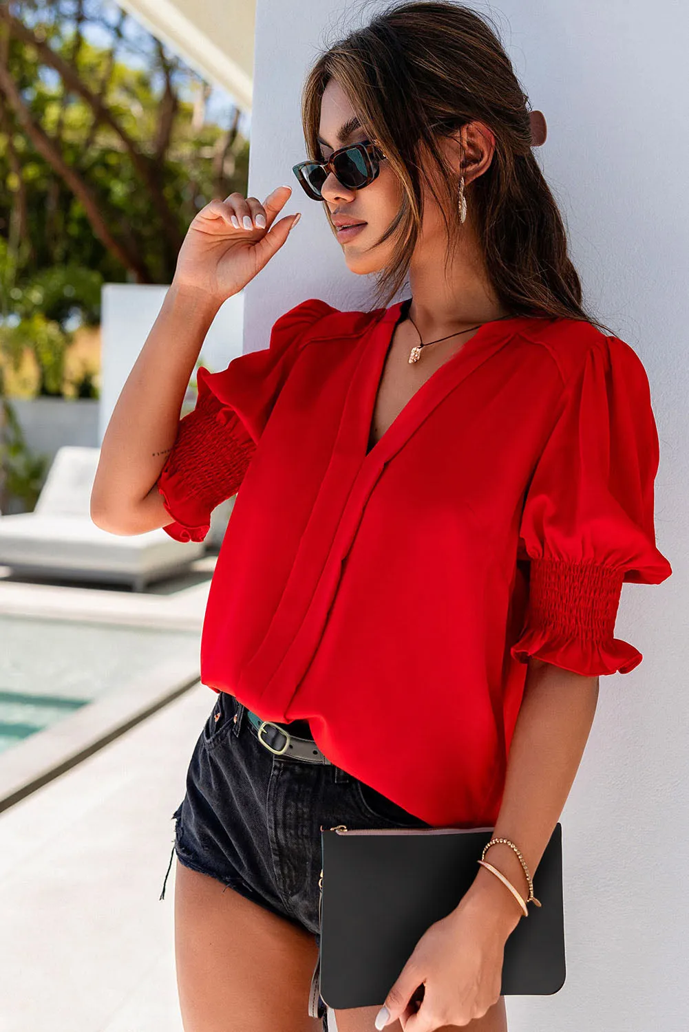 Fiery Red Solid Color Half Sleeve V Neck Blouse